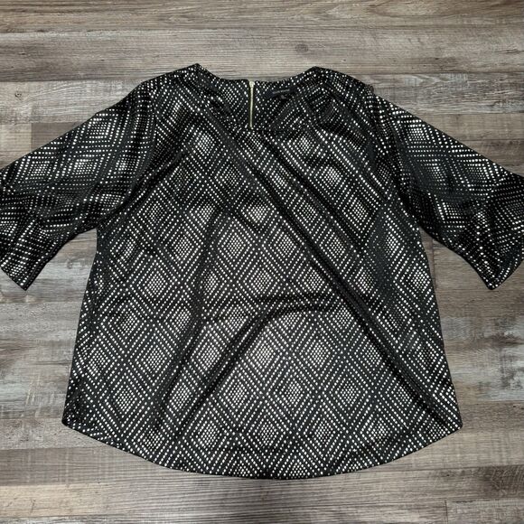 Ellen Weaver Top Womens 1X Plus Black Floral 3/4 Sleeve Zip Back Stretch Blosue - Picture 2 of 9